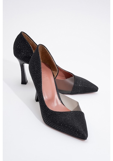 Luvishoes 653 Siyah Simli Topuklu Kadın Ayakkabı Siyah