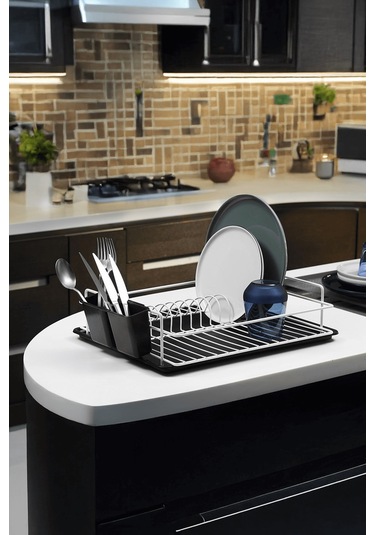 Tek Katlı Beyaz Bulaşıklık Dayanıklı Paslanmaz Termoplastik Kaplama Bulaşık Sepeti, Tepsili, Tabak Ve Kaşık Kurutmalık Beyaz - Siyah