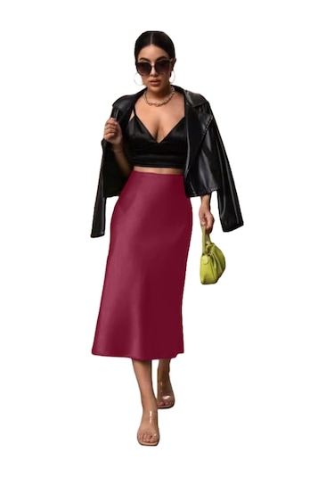 Kadın Saten Kalça Balık Etek Bordo