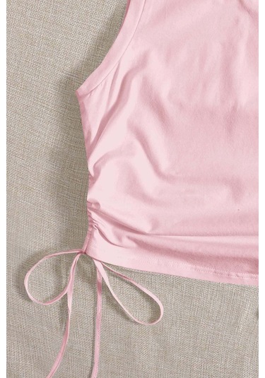 Merry See Yanları Büzgülü Kolsuz Bluz Crop Top Atlet Pembe