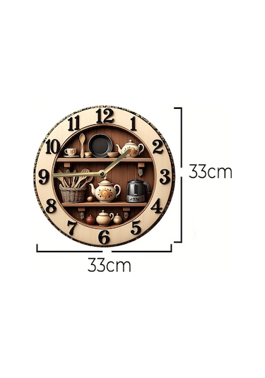 Zaman Mutfakta Pişer Raf Temalı Sessiz Yuvarlak Ahşap Duvar Saati, Kuvars Coffe Desen 2d Sdw208 Renkli