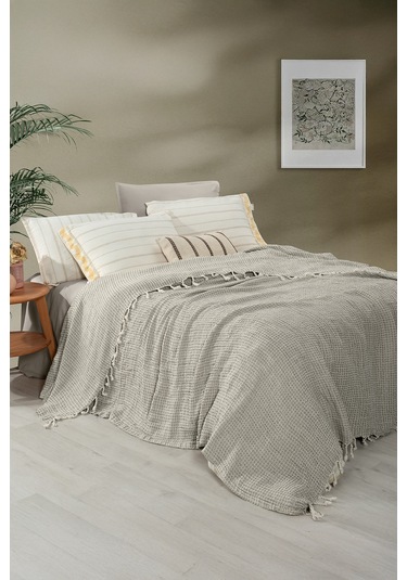 Sarev Naya Bej %100 Pamuk Keten Çift Kişilik Yıkamalı Yatak Örtüsü Bej