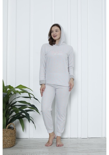 Fawn 3903 Peluş Welsoft Polar Kışlık Kapşonlu Kadın Pijama Takımı Açık Gri