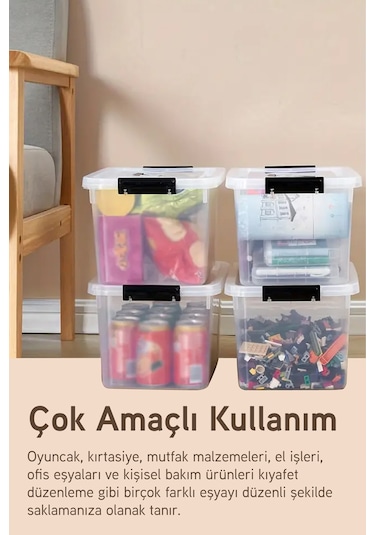 3'lü Saklama Kabı Yatay Dikdörtgen Kilitli Kapaklı Çok Amaçlı Oyuncak Saklama Kutusu 5 Litre Şeffaf