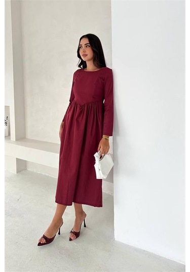Neşeli Butik Kadın Sırt Dekolteli Uzun Kollu Midi Elbise Nbk4311 Bordo