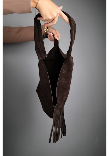 Rosalın Kahve Hakiki Süet Deri Püsküllü Kadın Omuz Çantası Kahverengi