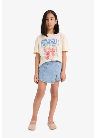 Defacto Kız Çocuk Relax Fit Bisiklet Yaka Baskılı Kısa Kollu Tişört E0355a825smer235 Ekru