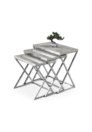 Çapraz Metal Ayak Kare Z 3'lü Zigon Sehpa Camlı 001