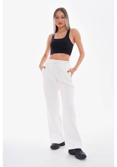 Kallima Çımalı Beyaz Kışlık Şardonlu Yüksek Bel Bol Paça Eşofman Beyaz