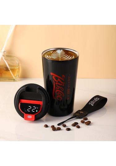 Mufunye Sıcaklık Ölçerli Akıllı Çelik Termos Bardak - Ev Ofis Araç Kullanıma Uygun 510ml Siyah Siyah