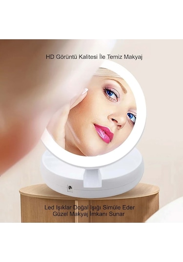 10x Büyütme Çift Taraflı Makyaj Ayna Katlanabilir 21 Led Işıklı Makyaj Aynası Usb Kablo Beyaz