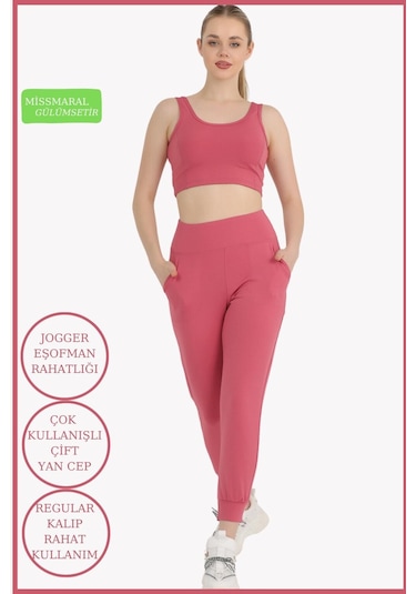 Kadın Curve Eşofman Alt Gül Kurusu Jogger Dalgıç Kumaş Yüksek Bel Çift Cepli Joggers 1061 GÜL KURUSU