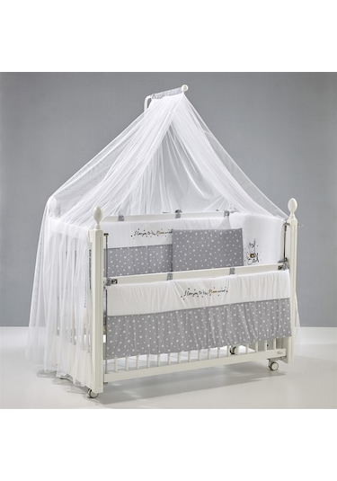 Meltem Kids Kral Anne Yanı Ahşap Sallanır Beşik 60 x 120 CM (Beyaz - Moon) Gri