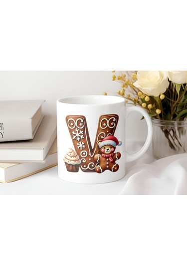 V Kurabiye Harf Ve Ayıcık Detaylı Kupa Bardak - Yeni Yıl / Yılbaşı Temalı Tasarım - Noel Hediye Beyaz