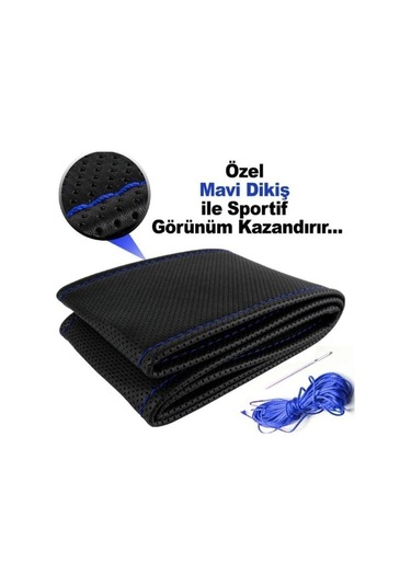 Renault Kangoo Uygun Deri Direksiyon Kılıfı Sarmalı Dikmeli Mavi Dikişli Kokusuz Mavi