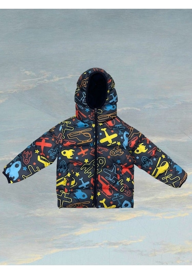 Erkek Çocuk Içi Polarlı Kapüşonlu Helikopter Desenli Kışlık Şişme Mont Çok Renkli