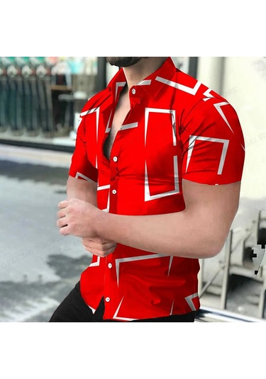 Snapbuy Erkek Geometrik 3d Baskılı Plaj Gömleği Kısa Kollu Hawaii Stil Küba Camisablack Black