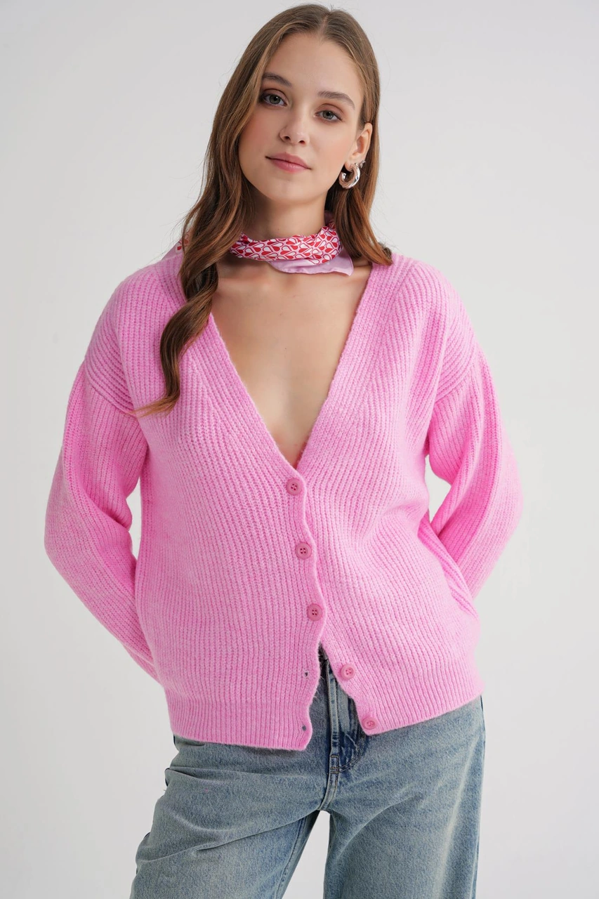 Mixray 6943 Kadın V Yaka Selanik Hırka Pembe