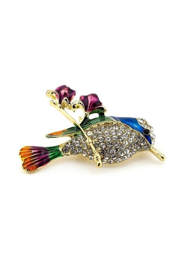 Solfera Gül Dalındaki Bülbül Renkli Kuş Zirkon Taşlı Yaka İğnesi Broş Rz194