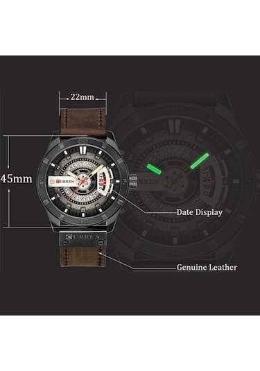 Fastbuy Erkek Askeri Kuvars Saat, Siyah Kasa, Koyu Kahverengi Bant, Curren M8301, Çok Renkli Modeller Çok Renkli