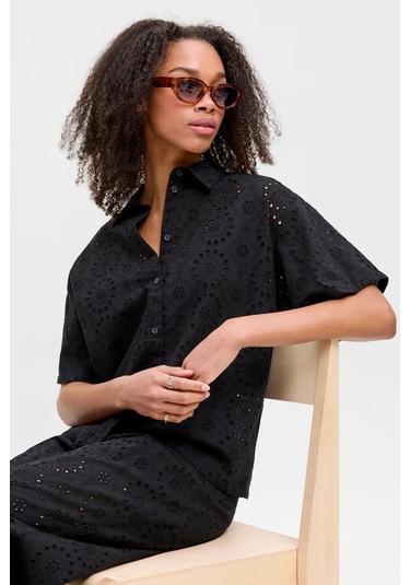 Jjxx Kadın Jxmıllıe Rahat Kesim Dantel Detaylı Kısa Kollu %100 Pamuk Gömlek 12270924 Siyah Siyah