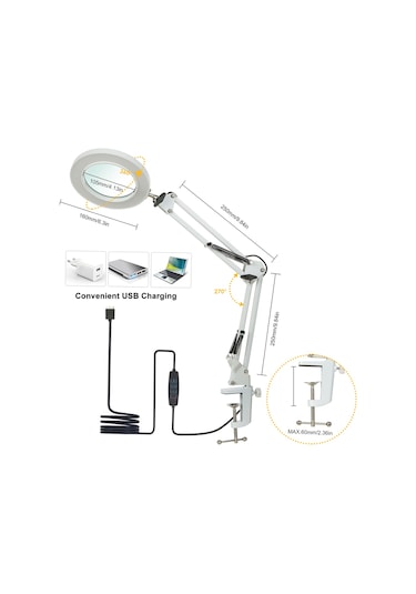 Neoglint Beyaz 8x Büyüteçli Neoglint Esnek Kelepçeli Masa Lambası