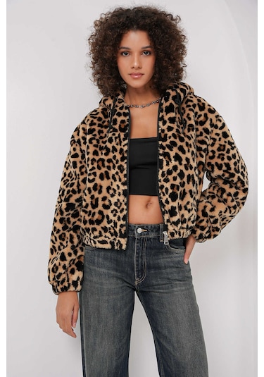 Gabria Kapişonlu Desenli Kısa Mont Leopar
