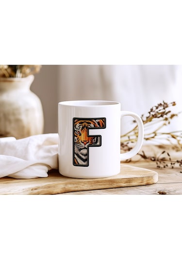 F Harfi Kaplan Figürlü Nakış Desenli Kupa Bardak - Kişiye Özel Vahşi Hayvan Desenli Kupa - Hediye Beyaz