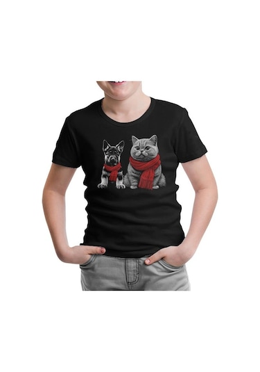 Baby Dog And A Cat Wearing Scarves Siyah Çocuk Tshirt 001