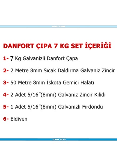 Tekne Ve Şişme Bot İçin Hazır Çapa Seti Danfort Çapalı 7 Kg Set