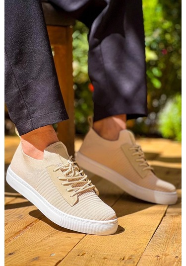 Bej Triko Yüksek Taban Bağcıklı Günlük Erkek Ayakkabısı Bej