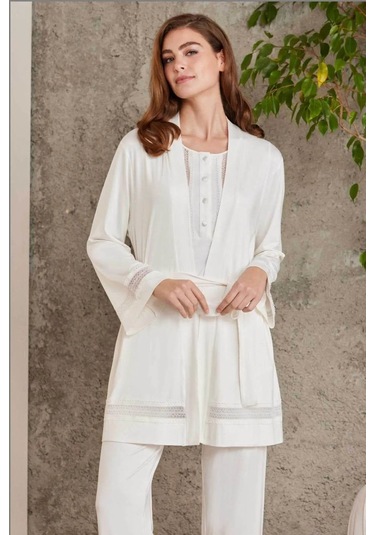 Pierre Cardin 2800 Kadın Penye Dantelli Sabahlıklı Pijama Takım-ekru Ekru