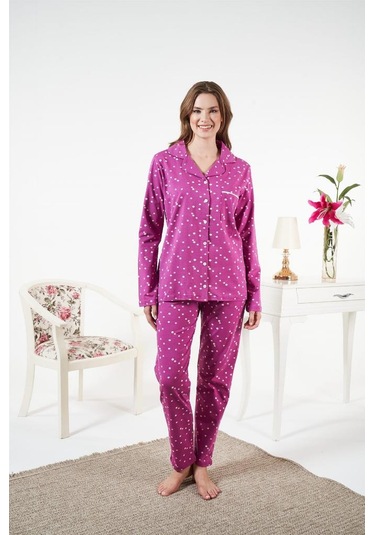 Estiva Likralı Penye Önden Düğmeli Bayan Pijama Takım Mürdüm