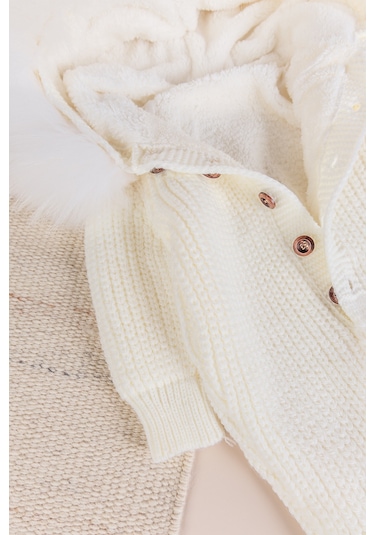 Triko Örgü Kışlık İçi Welsoft Astarlı Kapüşonlu Kız/erkek Bebek Tulum Krem