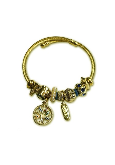 Uzel Çelik Sarı Gold Model Love Yazılı, Incili, Hayat Ağacı Charmlı Çelik Bileklik