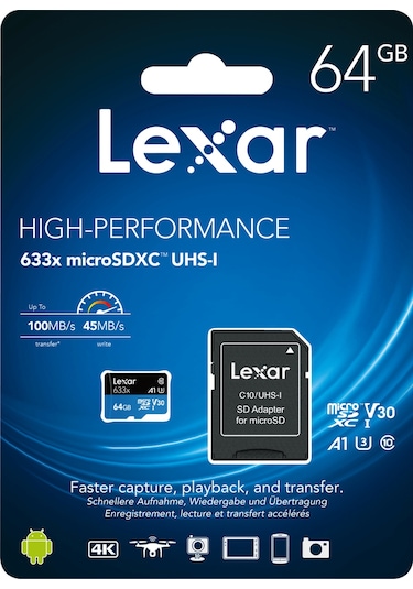 Lexar High Performance 633X 64 GB MicroSDXC Class 10 V30 UHS-I Hafıza Kartı + Adaptör
