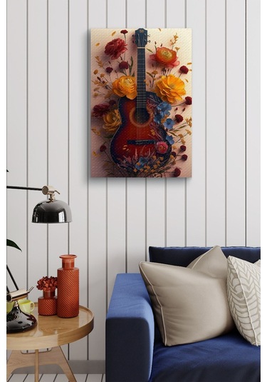 Etrafı Çiçek Kaplı Gitar Yağlı Kanvas Tablo