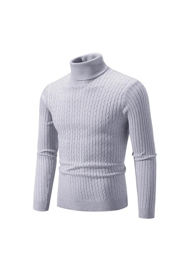 Yeni Erkek Yüksek Boyun Kazak Düz Renk Kazak Örme Sıcak Rahat Balıkçı Yaka Eşofman Yün Erkek Kış Açık Üstleri Açık Gri