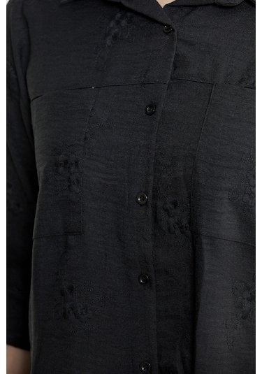 Çiçek Nakış Detaylı Cepli Gömlek - Siyah Siyah