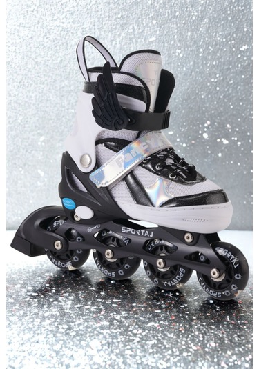 Melek Kanatlı Işıklı Çocuk Pateni Ve Dizlik Seti Silikon Teker Ayarlanabilir Paten Çantalı Siyah Siyah