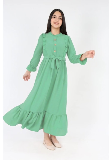 Kız Cocuk Uzun Elbise Aerobin Keten Kumaş Tesettür Uzun Boydan Elbise Fıstık Yeşil