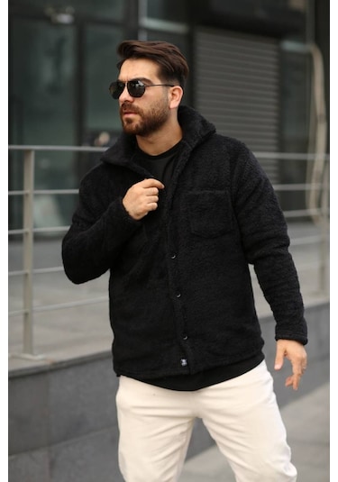 Sr Tekstil Pelüş Ceket Unisex Normal Kalıp Cep Detaylı Siyah