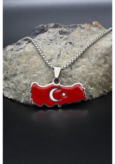 Türk Bayrağı - Ay Yıldızlı Mineli Kolye Paslanmaz Çelik Zincir 902296 Gümüş