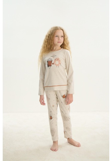 Sevim Kız Çocuk Uzun Kol Bej Melanj Pijama Takım C2t1n7o8 001