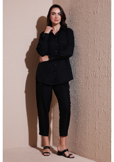 Lela Keten Karışımlı Regular Fit Lastikli Bel Uzun Kollu Alt Üst Bayan Takım 6696622 Siyah