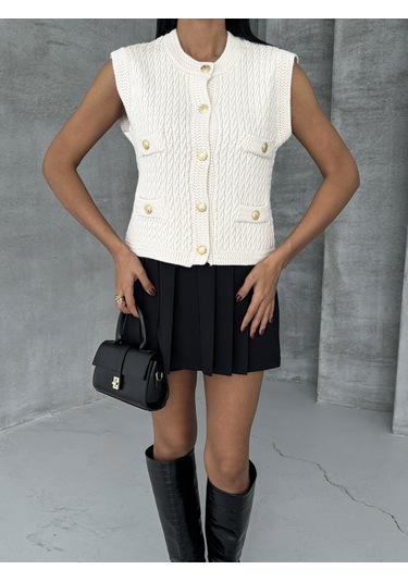 Kadın Gold Düğmeli Triko Yelek Beyaz