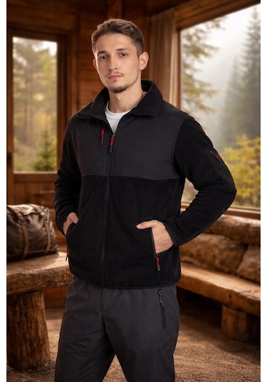 Vatan Tekstil Slim Fit Erkek Tam Fermuarlı Dik Yaka 4 Cepli Polar Softshell Garnili Siyah