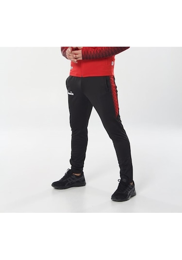 Diadora Ritim - Erkek Likralı Siyah-Kırmızı Eşofman Altı Kırmızı
