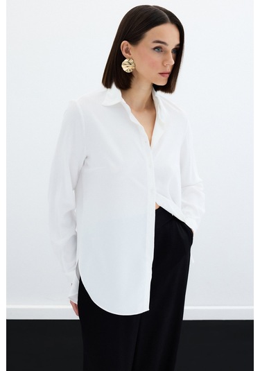 Sateen Düz Klasik Gömlek - Ekru-122325 Ekru