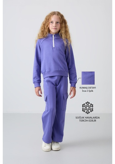 Tommy Life Eflatun Pamuklu İçi Tüylü Yumuşak Dokulu Standart Fit Nakışlı Kız Çocuk Eşofman Takım - 75159 Eflatun